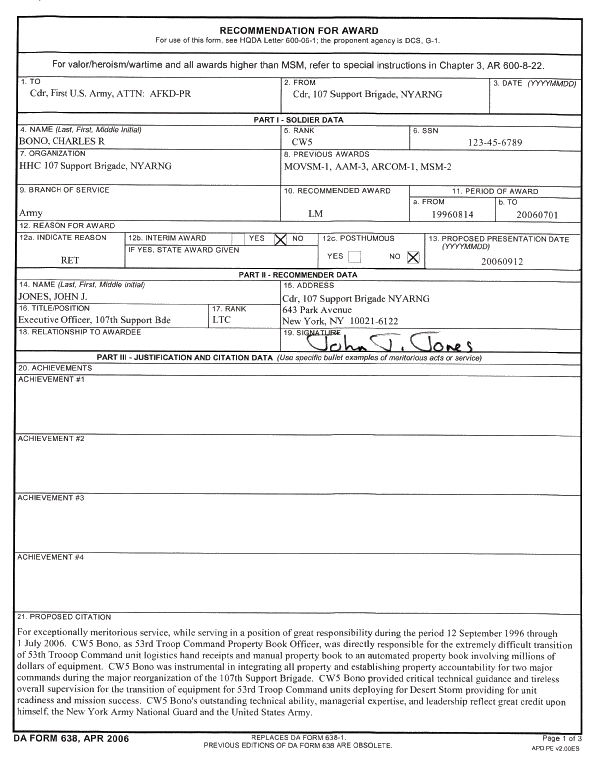 New York State Military Awards Sample Legion Of Merit Recommendation 