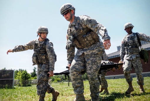 Soldiers of the 42nd Infantry Division rehearse a casualty drill here on June, 18, 2015. Soldiers of the division are conducting annual training at Fort Drum.