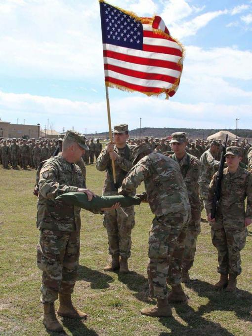 The commander of the New York Army National Guards 42nd Infantry Division Major General Steven Ferrari left and Division Command Sergeant Major Corey Cush officially case the units colors at Fort Hood Texas on March 1 2020This ceremony involves the Divisi