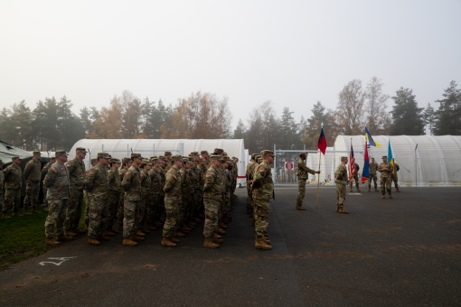New York Army National Guard Soldiers assigned to Task Force Orion from the 27th Infantry Brigade Combat stand attention during a Veterans Day formation in Grafenwoehr Germany Nov 11 2022. Task Force Orion personnel are in Germany training Ukrainian milit