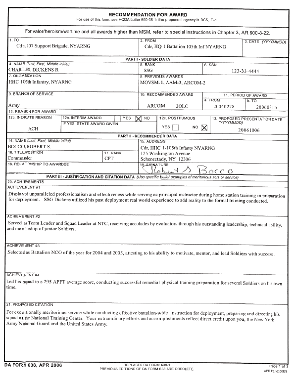 sample DA Form 638 - Army Commendation Medal Recommendation page 1