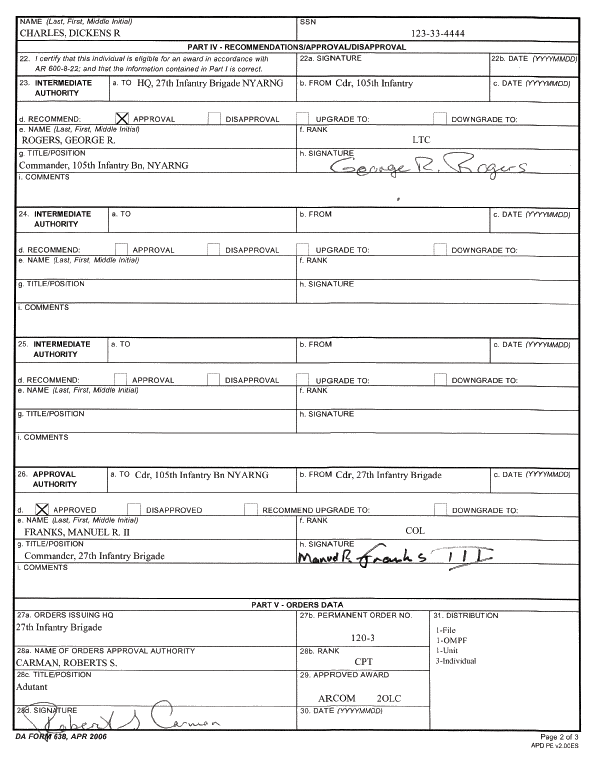 sample DA Form 638 - Army Commendation Medal Recommendation page 2