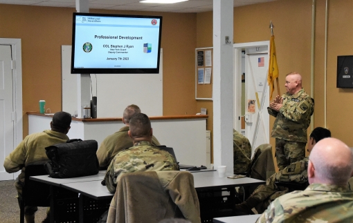 New York Guard Col Stephen Ryan, Deputy Commander New York Guard leads a Profession Development class for New York Guard service members assigned to Headquarters and Headquarters Company (HHC) on January 7, 2023, at Camp Smith Training Site, Cortlandt Man