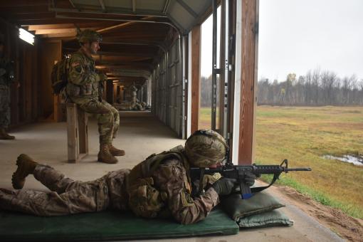 New York Army National Guard Staff Sgt. Martin Couzins assigned to the 2nd Battalion 108th Infantry fires a M4 Fort Drum N.Y. Nov. 3 2018. Couzins was competing in the rifle qualification section of the 27th Infantry Brigade Best Warrior Competition.