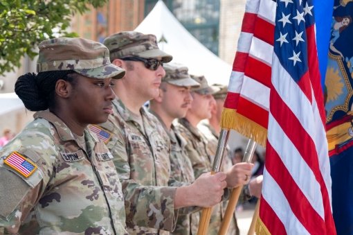  New York Army National Guard Soldiers assigned to the 27th Infantry Brigade Combat Team serve as a color guard during an Armed Forces Day ceremony at the New York State Fair Aug. 28. During the ceremony Col. Marshall Hunt the 42nd Infantry Division chief