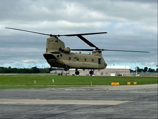 ROCHESTER--A CH-47F Chinook heavy lift helicopter flown by New York Army National Guard Soldiers assigned to B Company, 3rd Battalion 126th General Support Aviation Battalion departs the Army Aviation Support Facility in Rochester, New York headed for Don