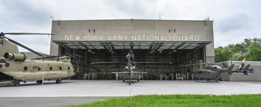 LATHAM- A CH-47F Chinook, a UH-60M Black Hawk, and a UH-72 Lakota helicopter lined up in front of the main hanger at Army Aviation Support Facility #3 in Latham as command changes take place for the 3rd Battalion, 142nd Assault Helicopter Battalion and the 42nd Expeditionary Combat Aviation Brigade on Saturday, May 17. Col. Paul Baillie took command of the aviation brigade while Lt. Col. Eric Fritz took command of the assault helicopter battalion.