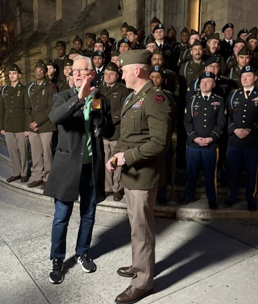NEW YORK-Fox and Friends host Steve Doocy speaks the Lt. Col. Andrew Prior, the commander of the 1st Battalion, 69th Infantry Regiment outside St. Patrick's Cathedral in New York City on March 17, 2026 prior to the start of the annual St. Patrick's Day Parade. Doocy interviewed Prior and two of the battalion's Soldiers prior to the start of the parade, which the battalion was leading for the 175 time.