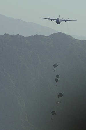 A C-130 Hercules from the New York Air National Guard&rsquo;s 107th Airlift Wing  airdrops much-needed supplies to a forward operating base in Oruzgan province, Afghanistan, June 22. The New York ANG C-130 flew the airdrop mission in conjunction with another C-130 from the Alaska ANG. Airdrops help mitigate the danger of transporting supplies via convoy. 


