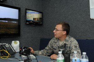 ORISKANY, NY - Senior Airman Joseph Manning monitors a camera from the Mobile Emergency Operation Center during the Homeland Response Force exercise on 29 APR 2014. The MEOC is a command and control element for major responses. (New York Air National Guard photo by Senior Airman Duane Morgan)