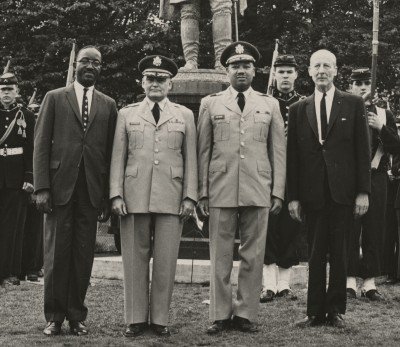 Col. Otho van Exel ( second from right)  is photographed during a Civil War Centennial event on May 20, 1961, in Port Green, N.Y. Van Exel was the commander of the 187th Field Artillery Group, a descendant of the 14th New York National Guard Regiment which fought at the Battle of Bull Run. To Van Exel&rsquo;s right is noted Civil War historian Bruce Catton, the chairman of New York&rsquo;s Civil War Centennial Commission and to his left is Brig. Gen. Charles Stevenson, the Adjutant General of New York at the time. (Photo courtesy New York State Military Museum/released)