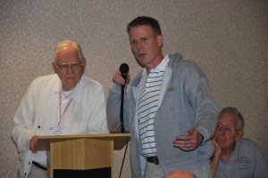 JERSEY CITY, NJ--Pennsylvania high school teacher Paul Johnson talks with World War II members of the Rainbow Division Veterans Association. 
