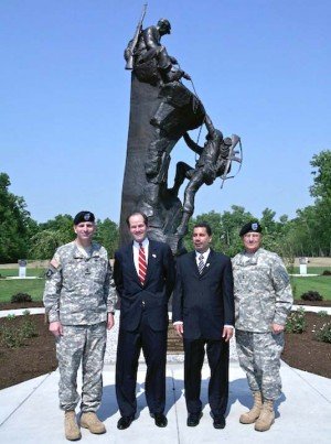 10th Mountain Division Commander, Major General Mike Oates, Gov. Eliot Spitzer, Lt. Gov. David Paterson, and New York Adjutant General Joseph Taluto at the "Climb to Glory" Memorial at Fort Drum New York during the governor&rsquo;s first trip to the northern New York military base. The governor met with local officials and soldiers families on May 24 to learn more about the base and thank soldiers for their service.
Photo courtesy of New York Executive Chamber 
