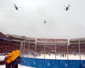 Soldiers of the New York Army National Guard along with Airmen and Marines were honored during the military appreciation pre-game show between the Buffalo Sabres and Pittsburgh Penguins January 1st, 2008. 60 troops unfurled a 60&rsquo; x 30&rsquo; flag while 3 UH-60 Blackhawk helicopters from the New York National Guard performed a flyover prior to the New Year&rsquo;s Day game. Over 70,000 fans packed the stadium and it was clear by their cheers that the Armed Forces were their favorite team during the ceremony.
Photo by SFC Peter Towse, 42nd ID Public Affairs