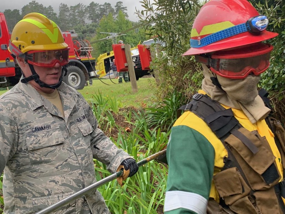 
                New York Air National Guard Master Sgt. Brian Cavanaugh, an Air Force fire fighter assigned to the New York Air National Guard's 106th Rescue Wing conducts fire line training with South African fire fighters at the Table Mountain Newlands Fire Base in Cape Town, South Africa on May 2, 2019. Four Airmen spent April 29 to May 5 in Cape Town, South Africa as part of an exchange under the State Partnership Program. (U.S. Army National Guard photo by Lt. Col. Alvin Phillips)            