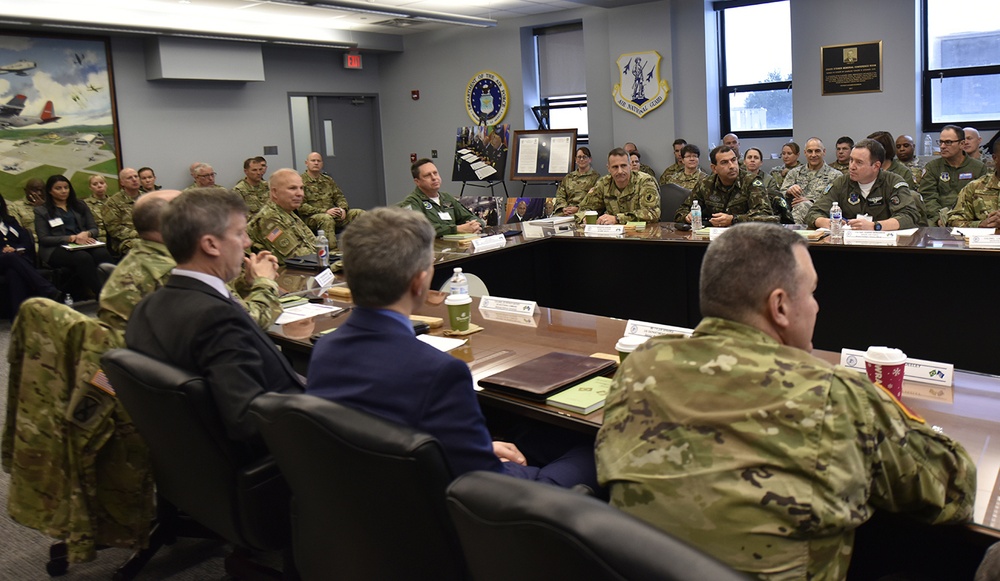 
                New York Army National Guard Major General Ray Shields (center right) the Adjutant General of New York and NAME AND RANK HERE, (center right) the Brazilian military attache in Washington D.C. take part in a meeting with members of the New York Air and Army National Guard, and U.S. Southern Command and State Department representatives on Wednesday, Dec. 11, 2019 at Stratton Air National Guard Base in Scotia, N.Y. The two-day meeting was held to discuss trainng and exchange opportunities between the New York National Guard and Brazil's military forces as part of a National Guard State Partnership Program agreement. (U.S. Air National Guard photo by Senior Master Sgt. William Gizara)            