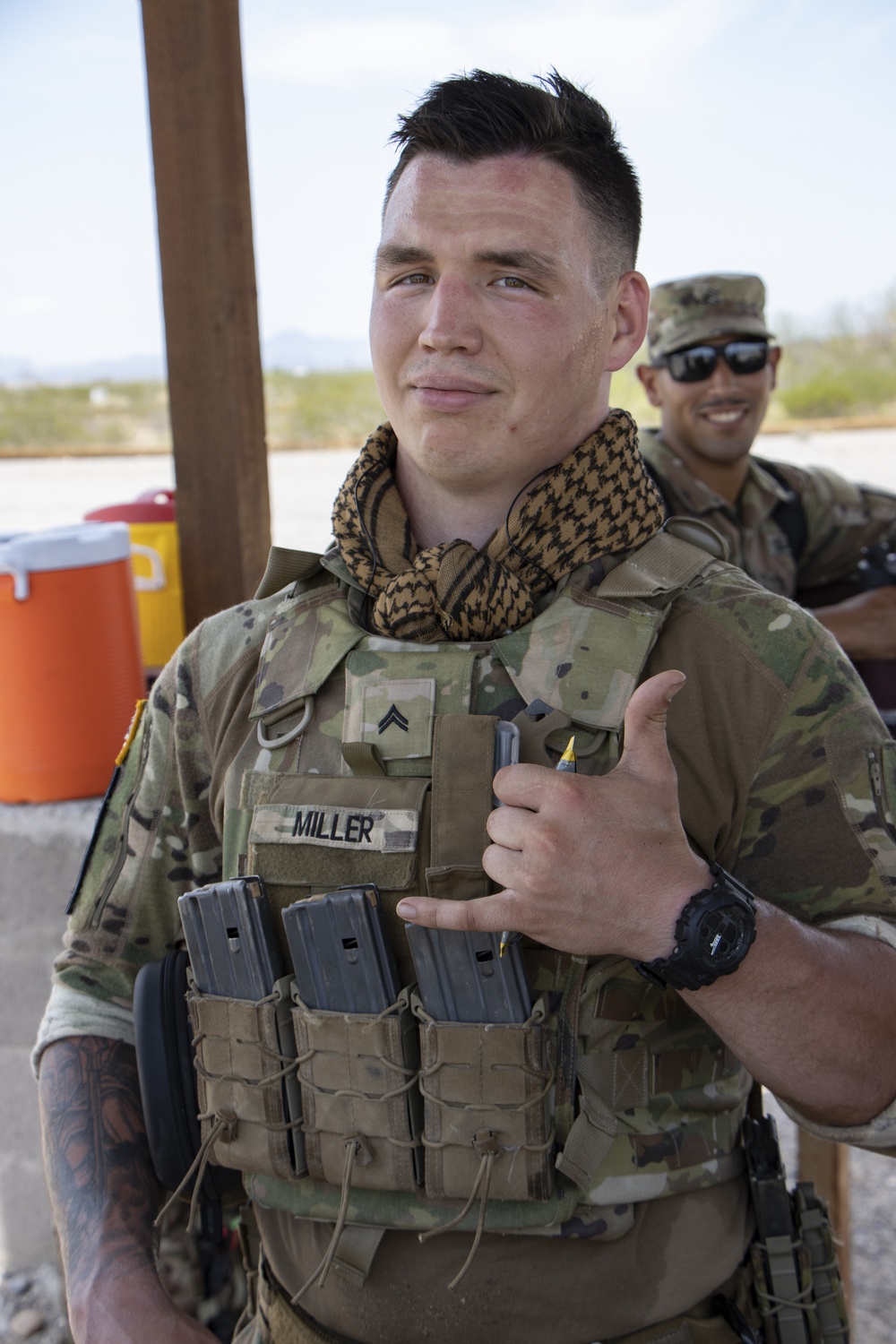 
                New York Army National Guard Corporal Dakoatah Miller takes a break during the Army National Guard Best Warrior competition at at Florence Military Reservation, Arizona, on July 20, 2021.   Miller, a member of the 2nd Battalion, 108th Infantry Regiment,  will be attending the special international students class at the Brazilian Jungle Warfare Training Center in October and November.(US Army photo by Sgt. Thurman Snyder).            